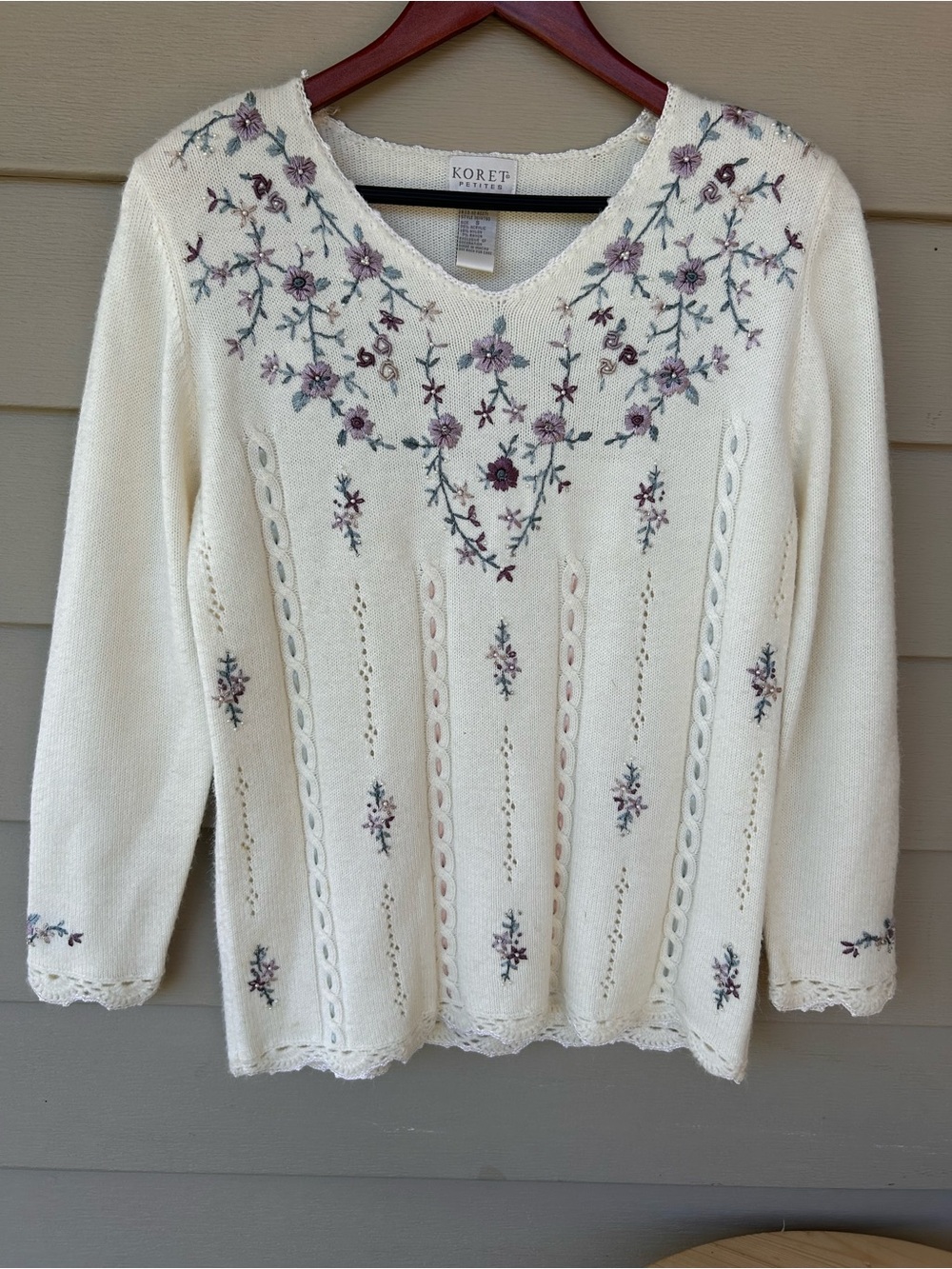 Koret Cream Sweater with Pink and Green Floral Embroidery